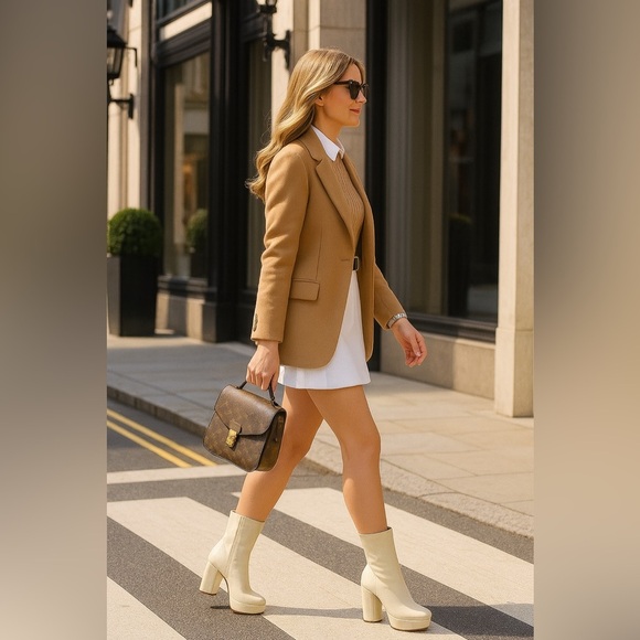 Guess BYRA Women’s Platform Block Heel Ankle Boots Ivory Patent, Size 8.5M, NWB - Picture 2 of 12